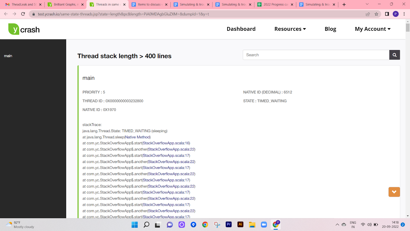 yCrash showing the stack trace of the thread causing StackOverFlowError